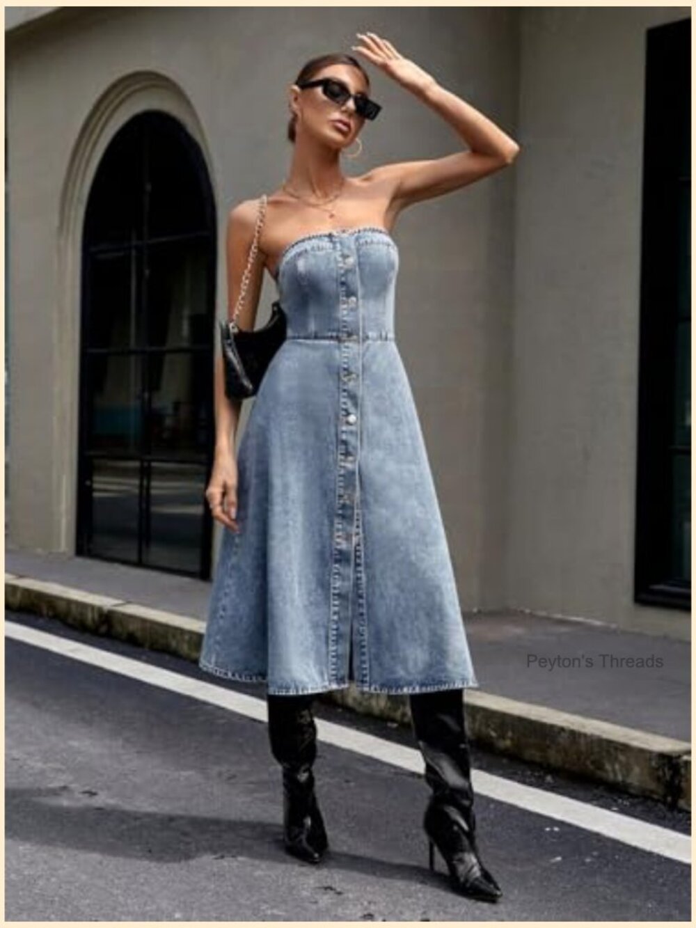 Sleeveless Strapless Denim Tube Dress Button Down A-Line Swing Midi Dress - Picture 5 of 6